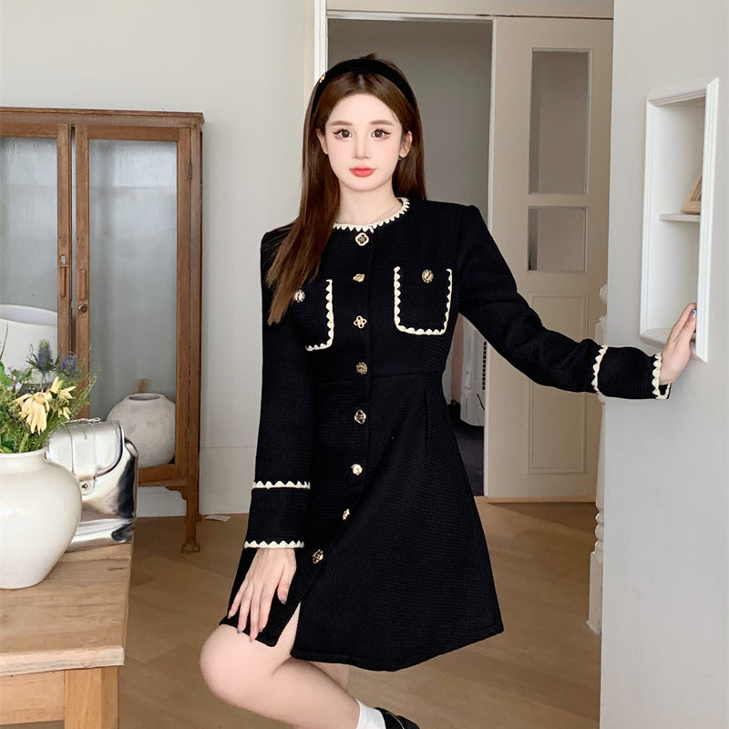 Women's French Dress 2023 Autumn Slim Waist A Line Small Black Skirt with a High Level Sense LL-612