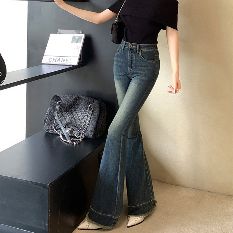 The design temperament shows thin flared floor jeans women's casual trousers slightly stretchy LL-625