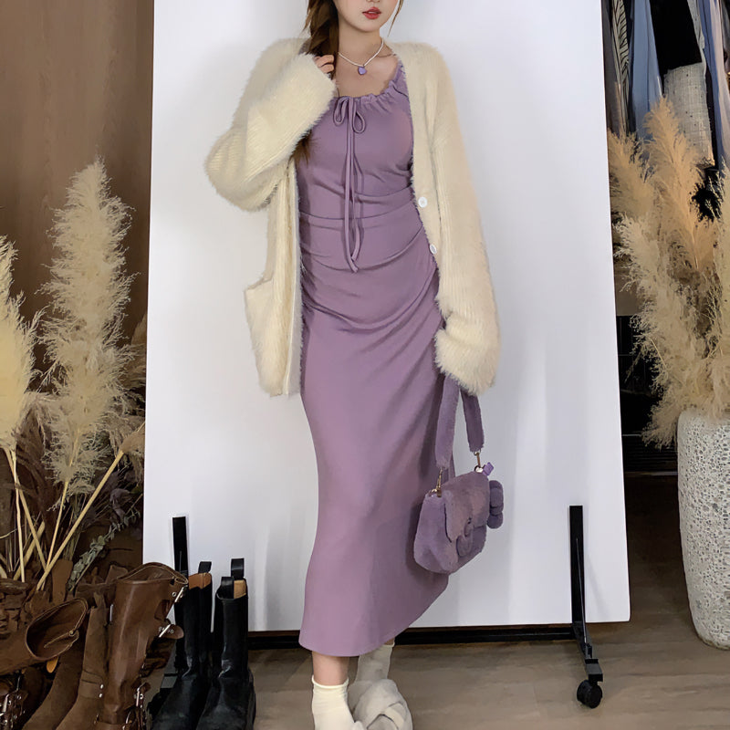 Pure Lust Spicy Girl Autumn French Slim Fit Waist Wrap Hip Purple Long Dress LL-598