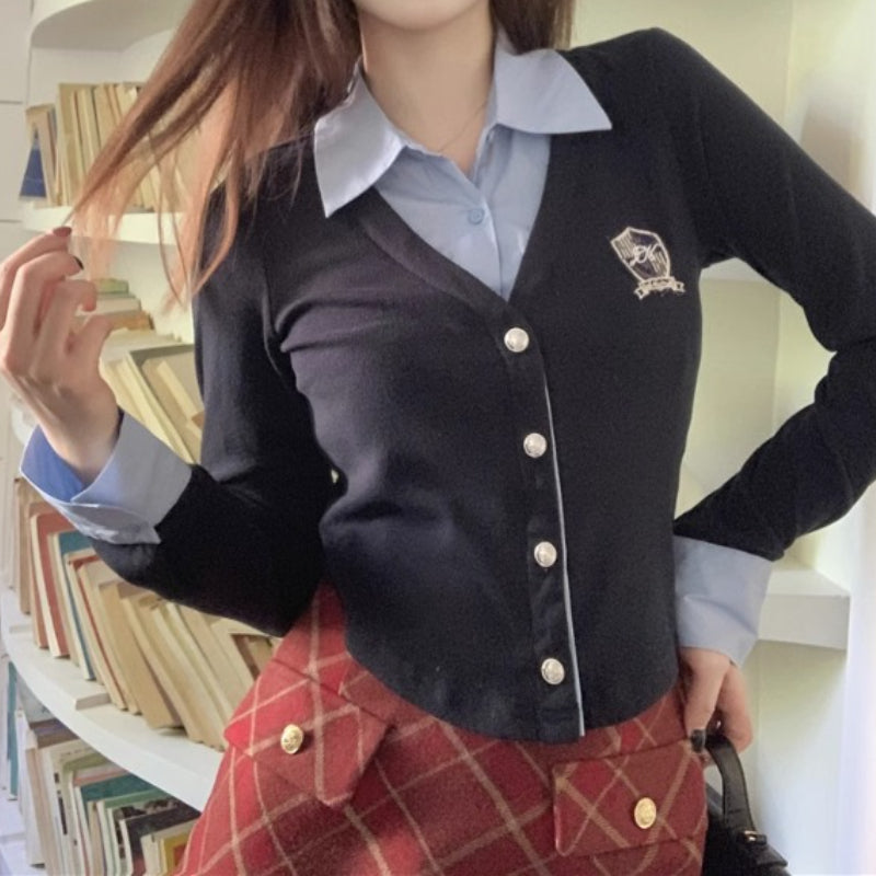 College style set fake two polo neck long sleeved shirt plaid skirt LL-429