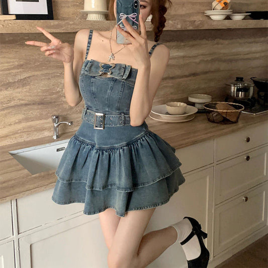 Hot girl jean dress female summer new American retro fluffy skirt LL-199