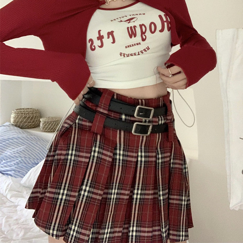 Spring/Summer Retro College Style Red Plaid Pleated Skirt Half Skirt Girl LL-456