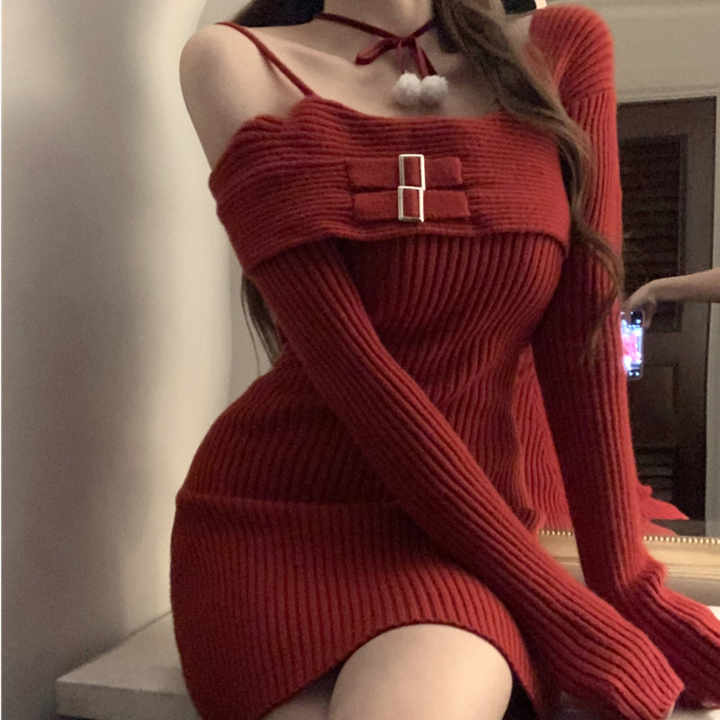 Knitted dress women's autumn winter sexy christmas red hip sweater skirt LL-692