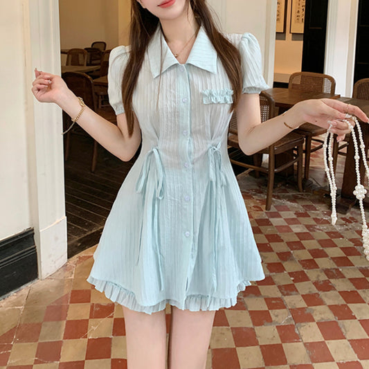 Women Blueberry Strap Blue Shirt Dress Shorts LL-241