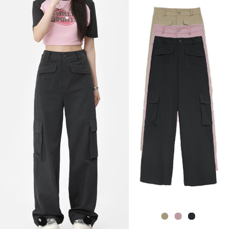 Workwear pants for women Spring and Autumn loose fitting American sweet cool straight tube casual pants high street large size wide leg pants LL-577