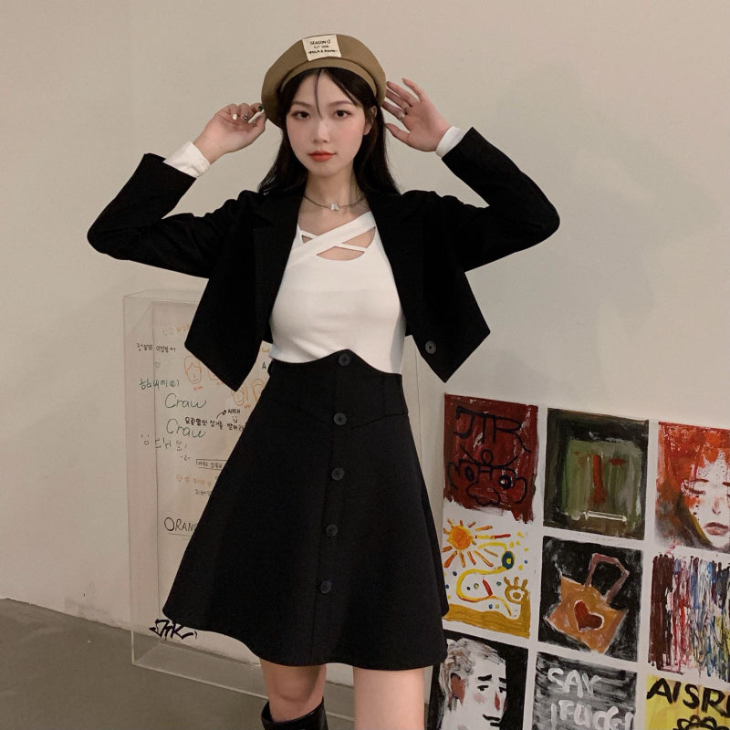 Short blazer, women's fashion suit, high-waisted skirt two-piece LL-576