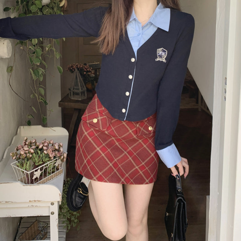 College style set fake two polo neck long sleeved shirt plaid skirt LL-429