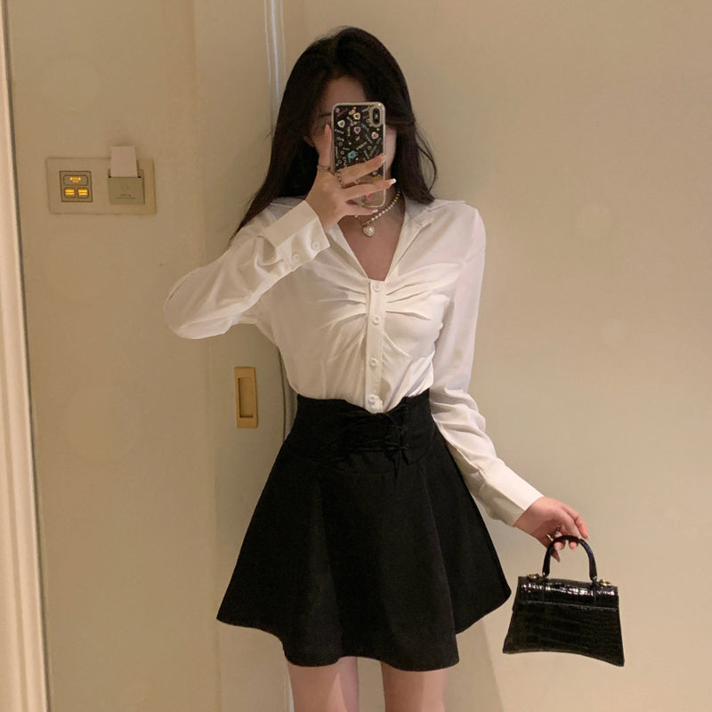 Sweet and Spicy Set Women's Autumn Fashionable Age Reducing White Shirt High Waist Half Skirt Two Piece Set LL-631