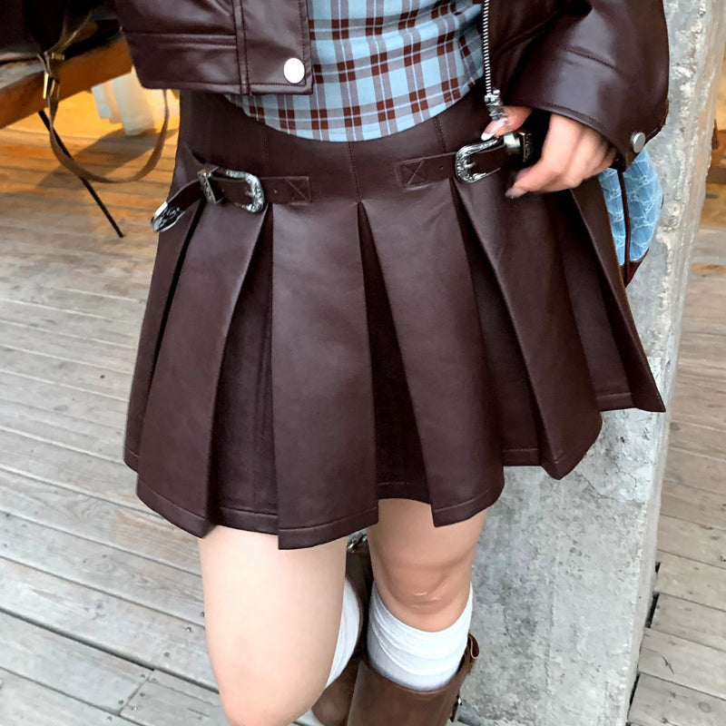 Retro blue plaid vest leather skirt two-piece autumn new spice girl suit female LL-608