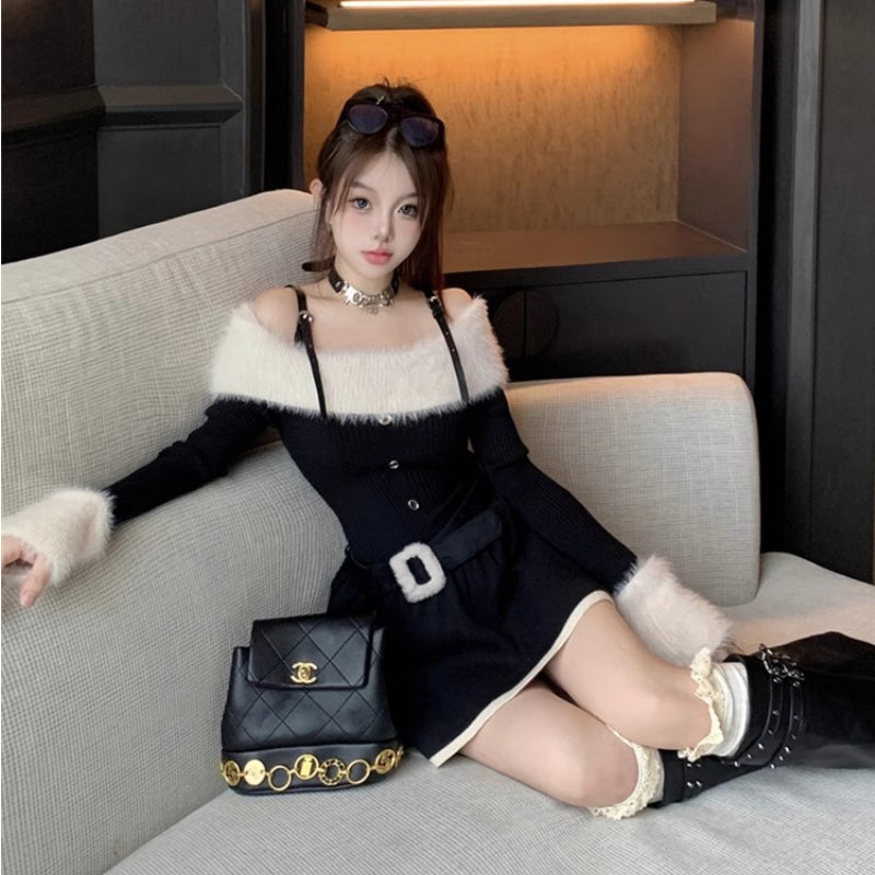 Knitted dress women autumn and winter pure desire spice girls pleated skirt sweater skirt LL-670