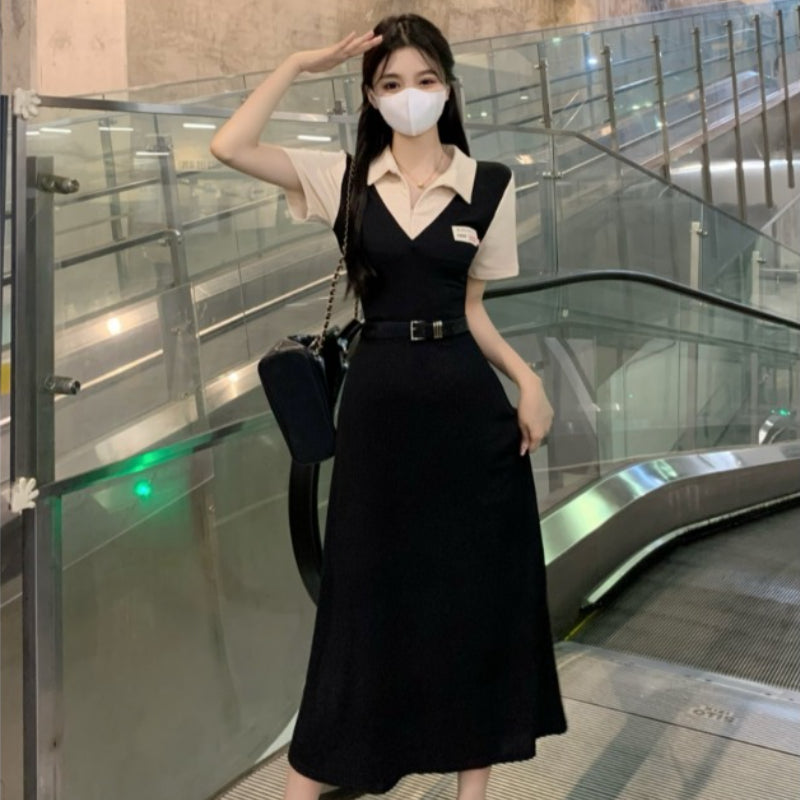 College style polo neck short sleeved fake two-piece dress for women in summer LL-517