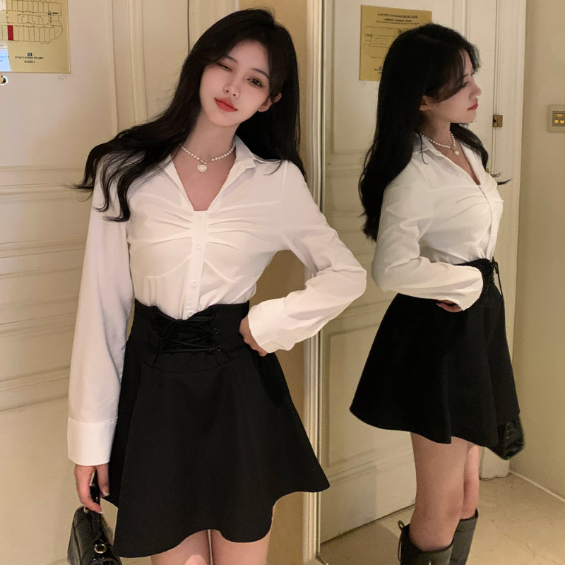 Sweet and Spicy Set Women's Autumn Fashionable Age Reducing White Shirt High Waist Half Skirt Two Piece Set LL-631