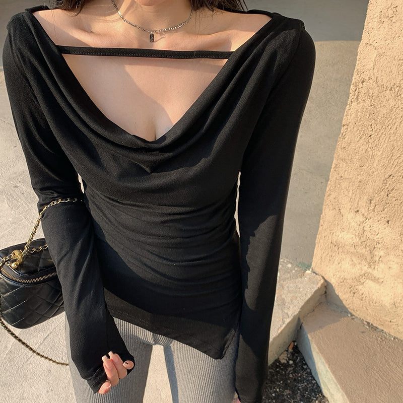 Off Shoulder Long Sleeve T-shirt Women's Autumn New Irregular Underlay Top LL-484