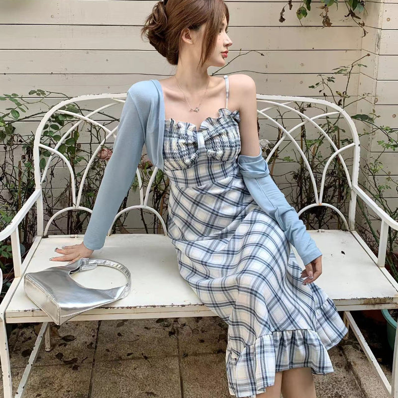 Summer gentle short sleeved suspender dress slimming cardigan sunscreen two-piece set LL-524