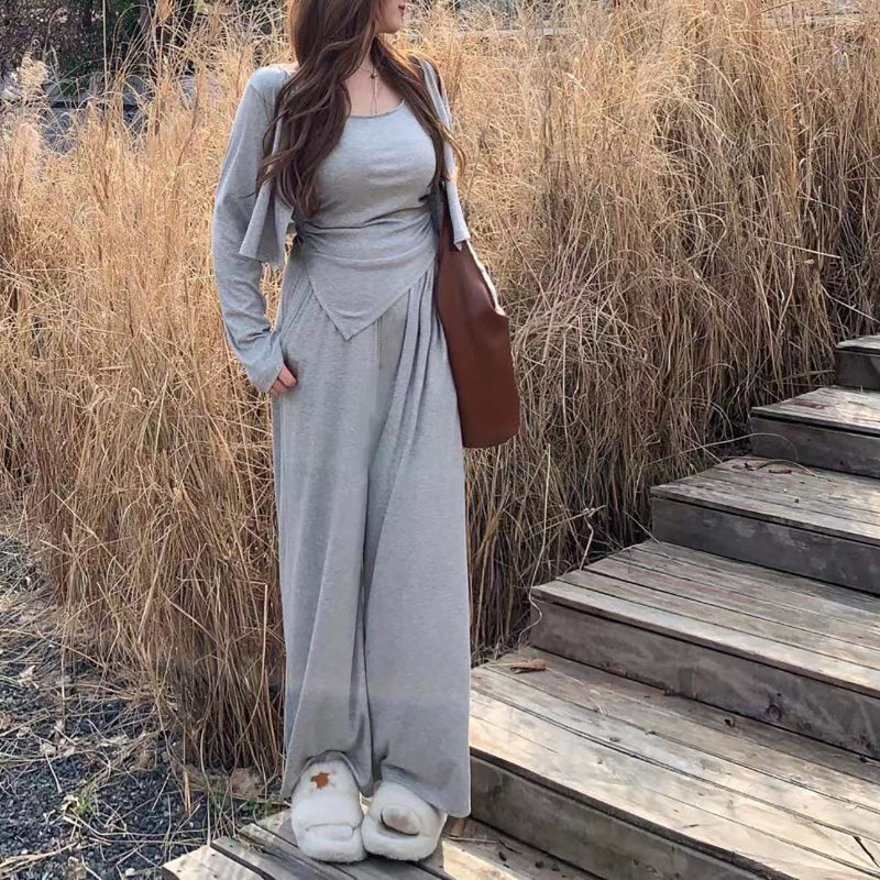 Early autumn light grey cardigan bottoming wide-leg pants minimalist three-piece suit LL-460