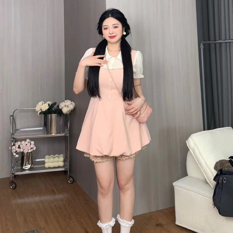 Cream puff fake two-piece color matching dress summer new LL-194