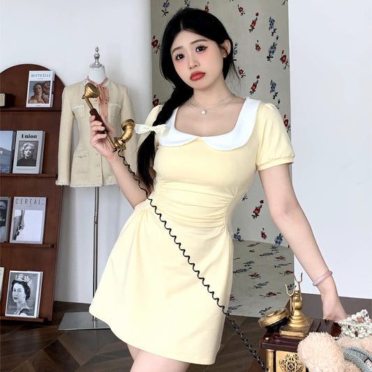 Yellow Doll Neck Dress Summer Academy Gentle High Waist Square Neck Long Dress LL-423