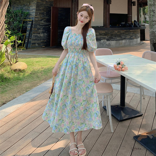 Puff sleeve floral dress women's summer gentle style long dress LL-110