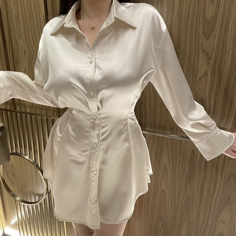 Long Sleeve Satin Mini Dress shirt dress  LL-004