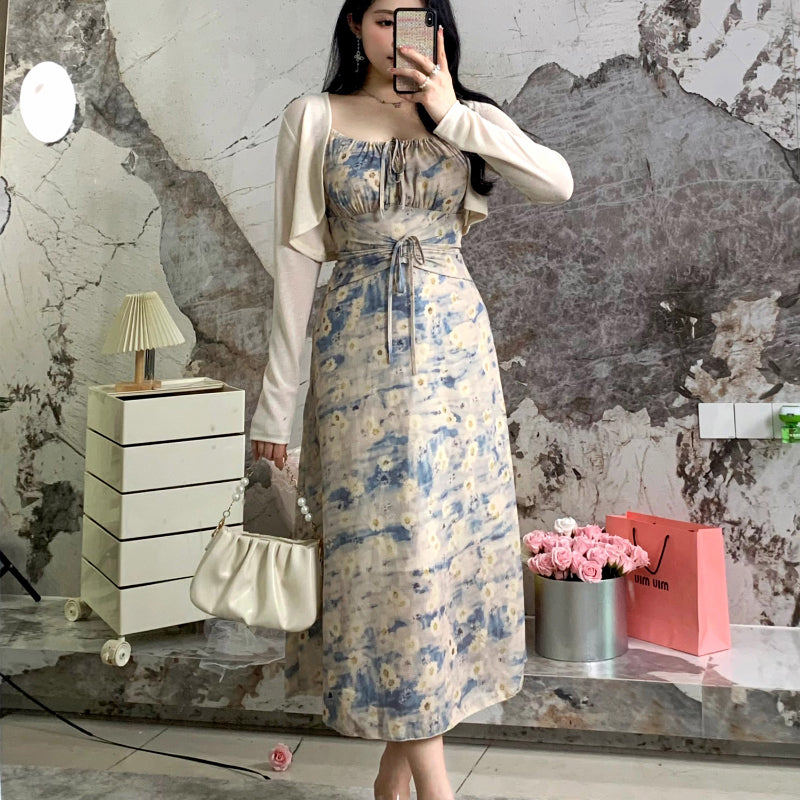 Gentle wind slip dress summer broken flowers seaside resort dress two-piece LL-119