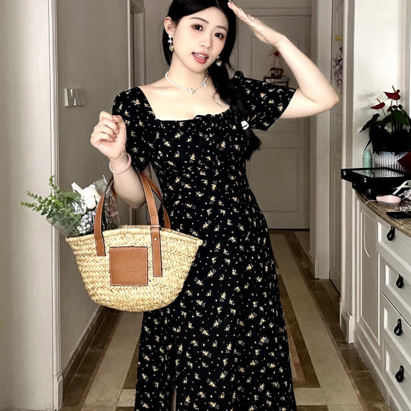 Luna flower sea floral mid-length summer gentle dress black dress LL-131