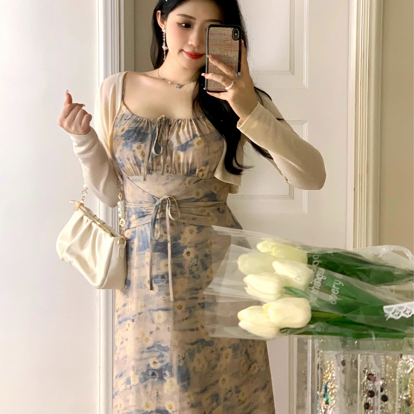 Gentle wind slip dress summer broken flowers seaside resort dress two-piece LL-119