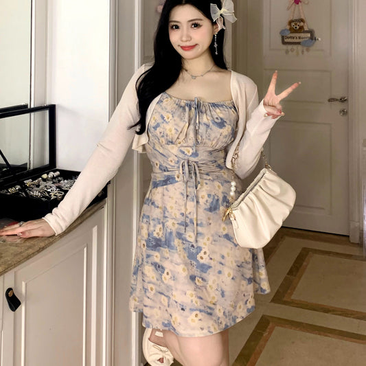 Gentle wind slip dress summer broken flowers seaside resort dress two-piece LL-119