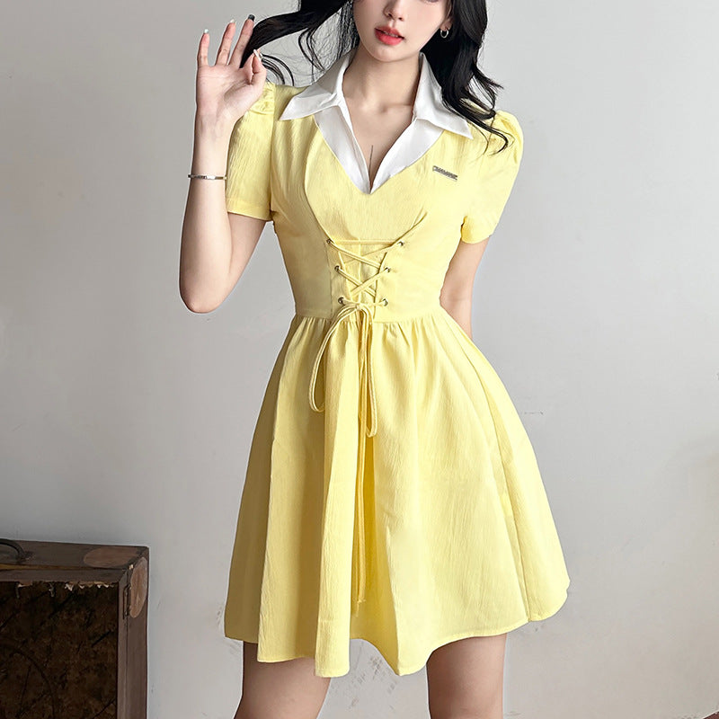 2023 summer new street fashion short sleeve lapels high waist dress LL-whatiwear- K22S23241