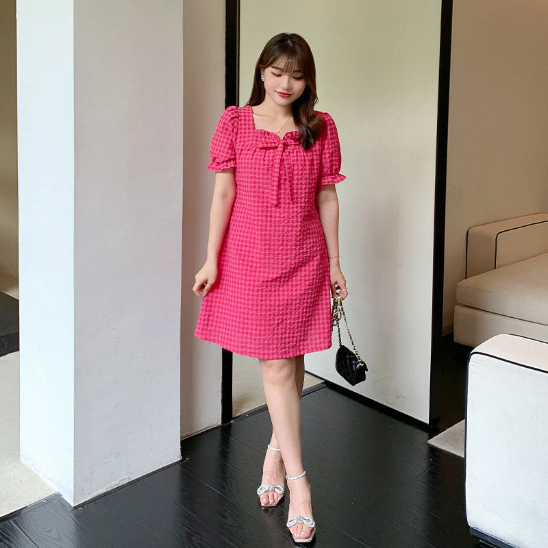 Summer College Style Dragon Fruit Color Slim Square Neck Dress LL-SC-61955