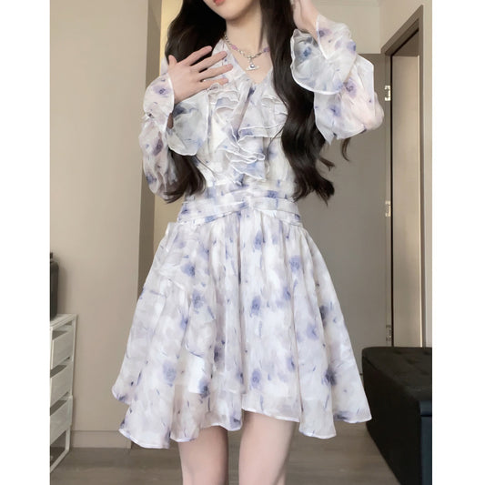 2023 new violet floral long-sleeved ruffled dress slim waist V-neck. LL-031