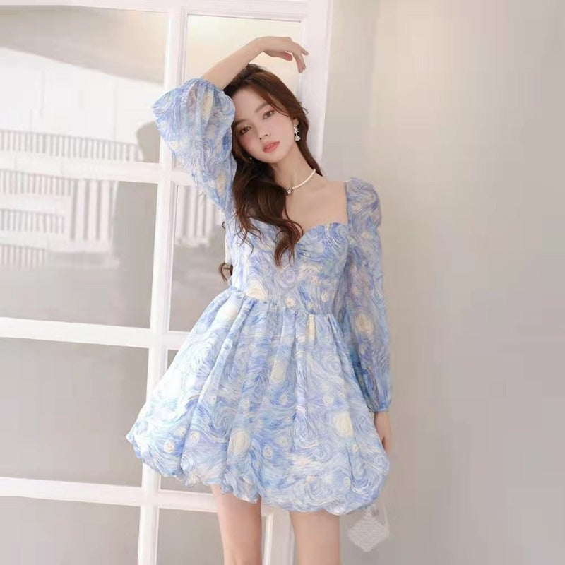 New spring floral long-sleeved dress stitching new long dress LL-026