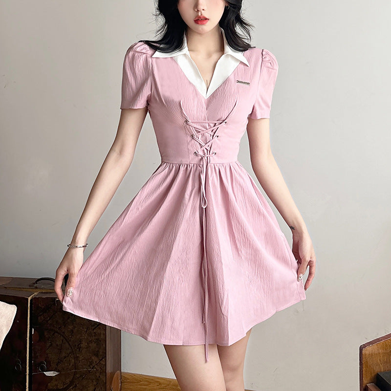 2023 summer new street fashion short sleeve lapels high waist dress LL-whatiwear- K22S23241