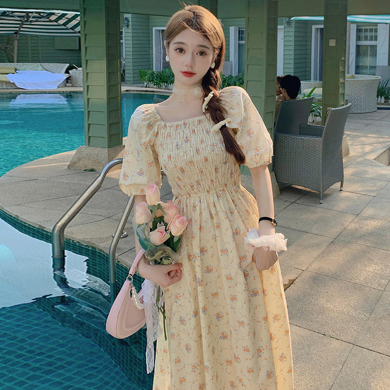 Puff sleeve floral dress women's summer gentle style long dress LL-110